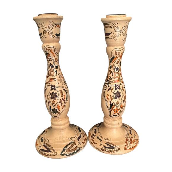 Unique Hand Painted Floral Neutral Colors Wooden Candle Holders Set of 2 - Picture 3 of 10